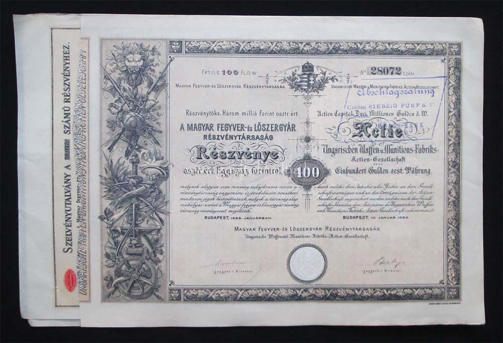 Magyar Fegyver- és Lőszergyár részvény 100 forint 1888